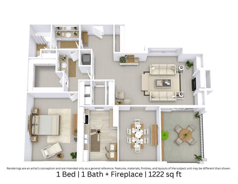 Floor plan for 1 bed, 1 bath, 1222 sqft